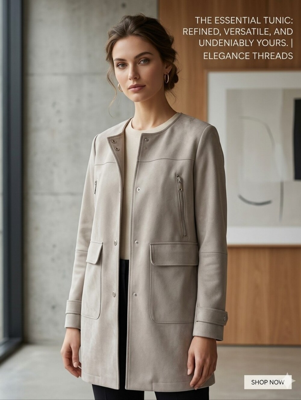 Armand Thiery Beige Faux Suede Collarless Long Jacket / Coat